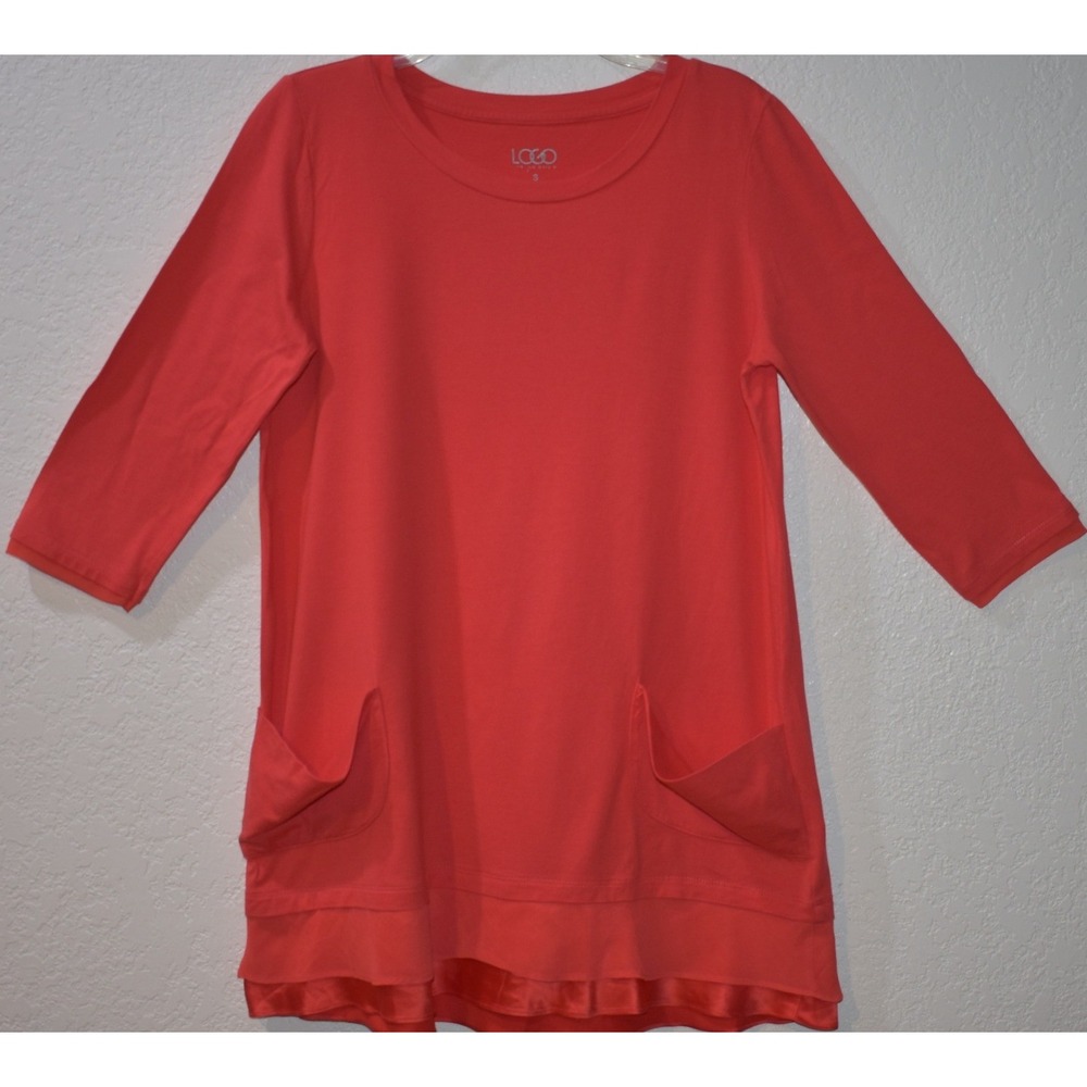 LOGO by Lori Goldstein Ruffle Tunic Coral Orange 3/4 Slv Pocket‎ Tunic Top Small